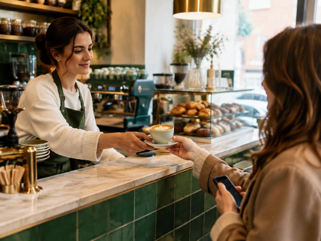 Barista serving a customer at an independent café counter